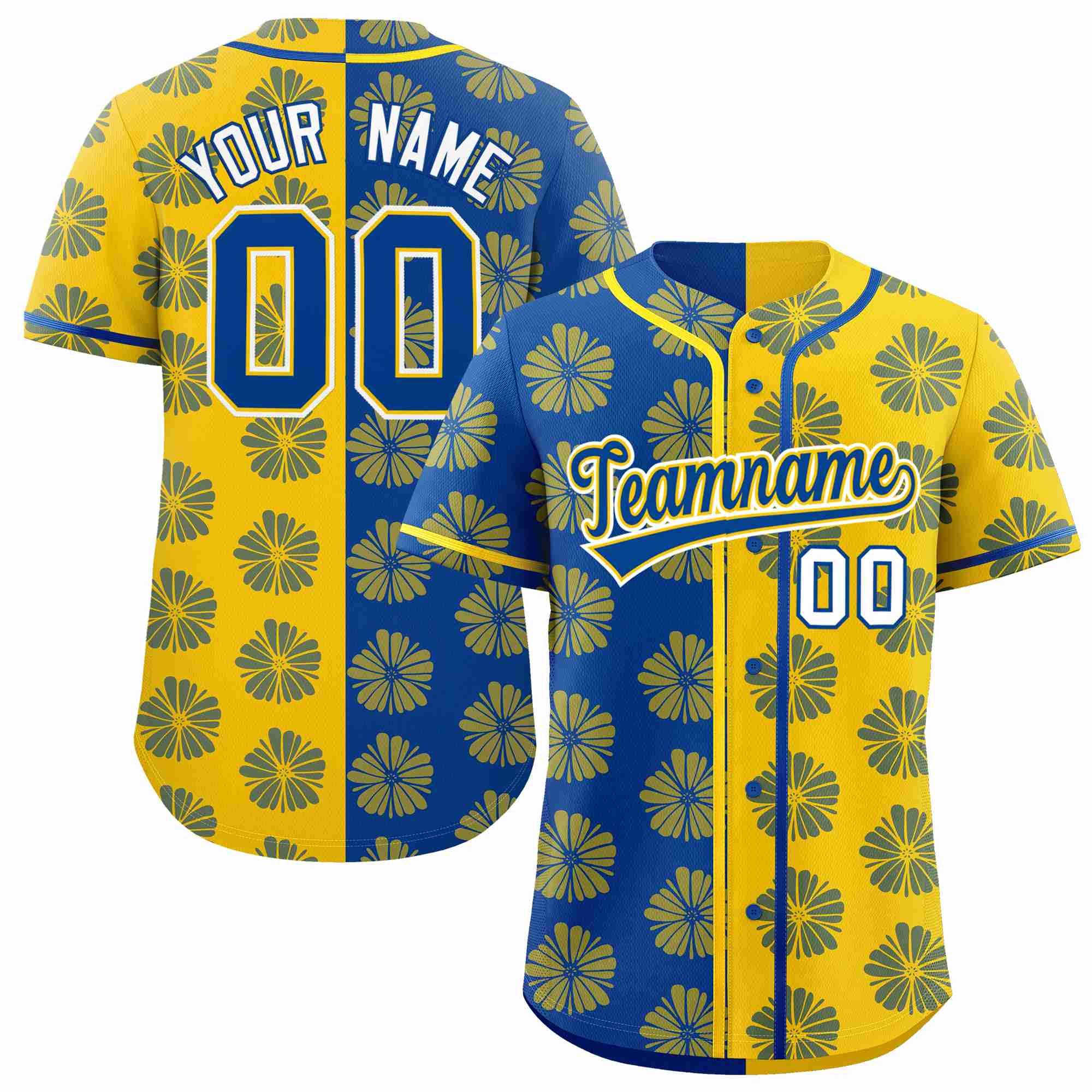 Custom Royal Gold Split Fashion Flower Graffiti Pattern Authentic Baseball Jersey