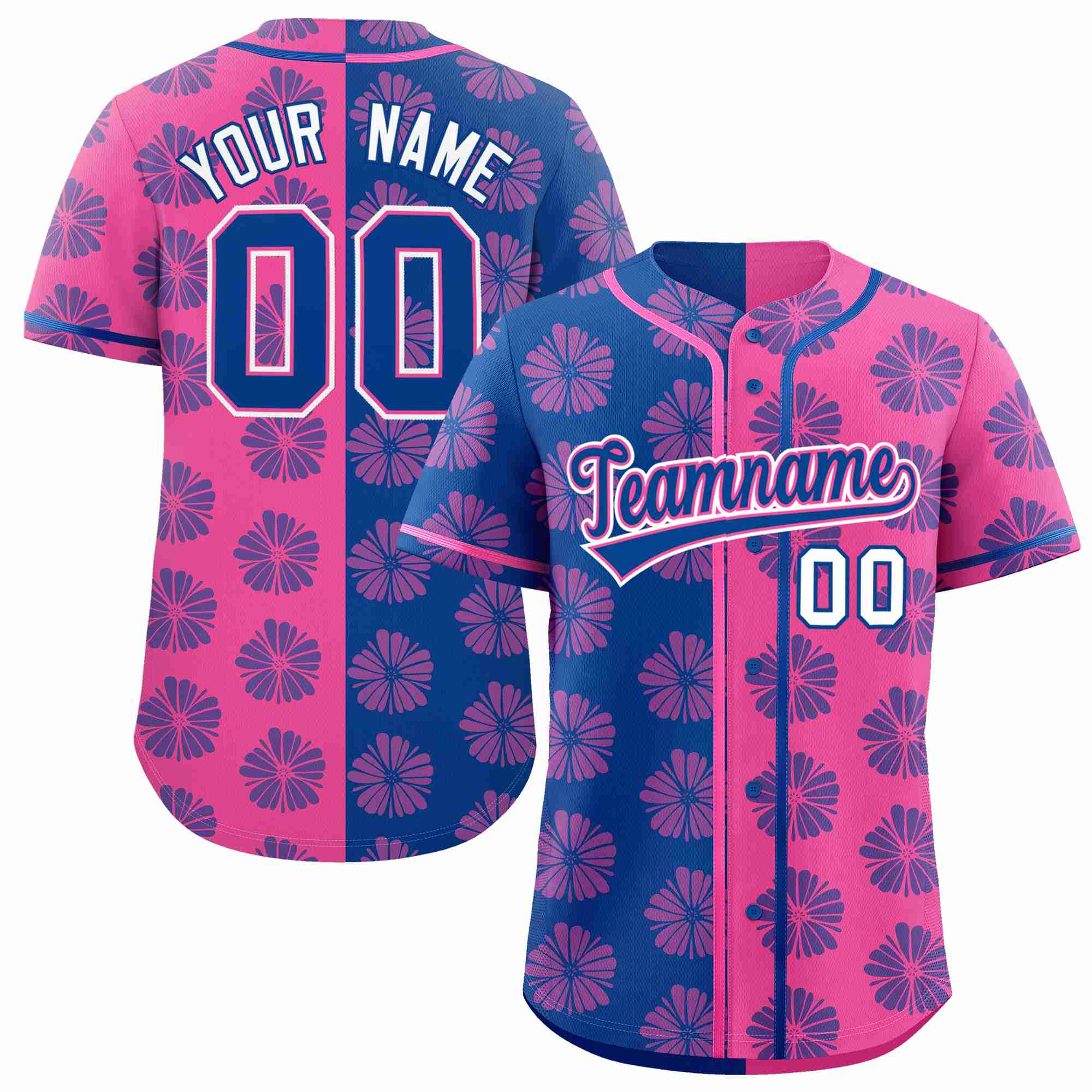 Custom Royal Pink Split Fashion Flower Graffiti Pattern Authentic Baseball Jersey