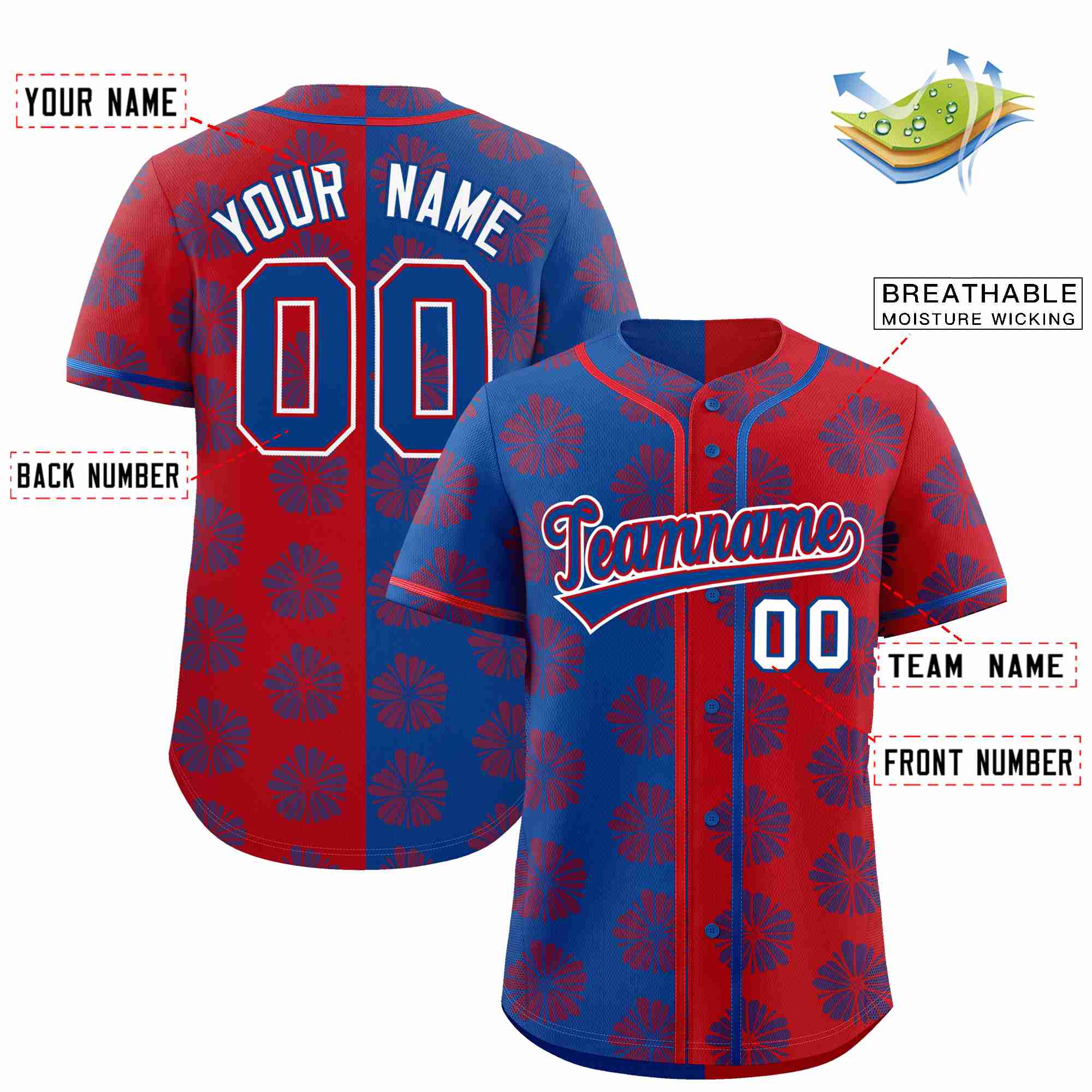 Custom Royal Red Split Fashion Flower Graffiti Pattern Authentic Baseball Jersey