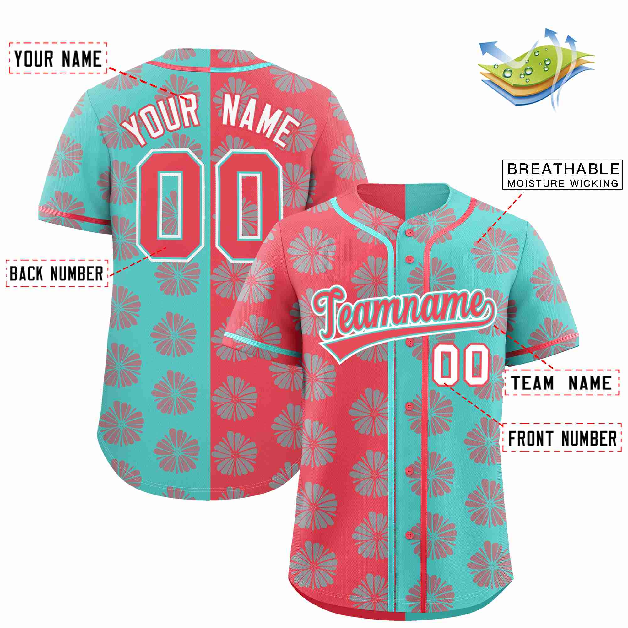 Custom Light Red Aqua Split Fashion Flower Graffiti Pattern Authentic Baseball Jersey