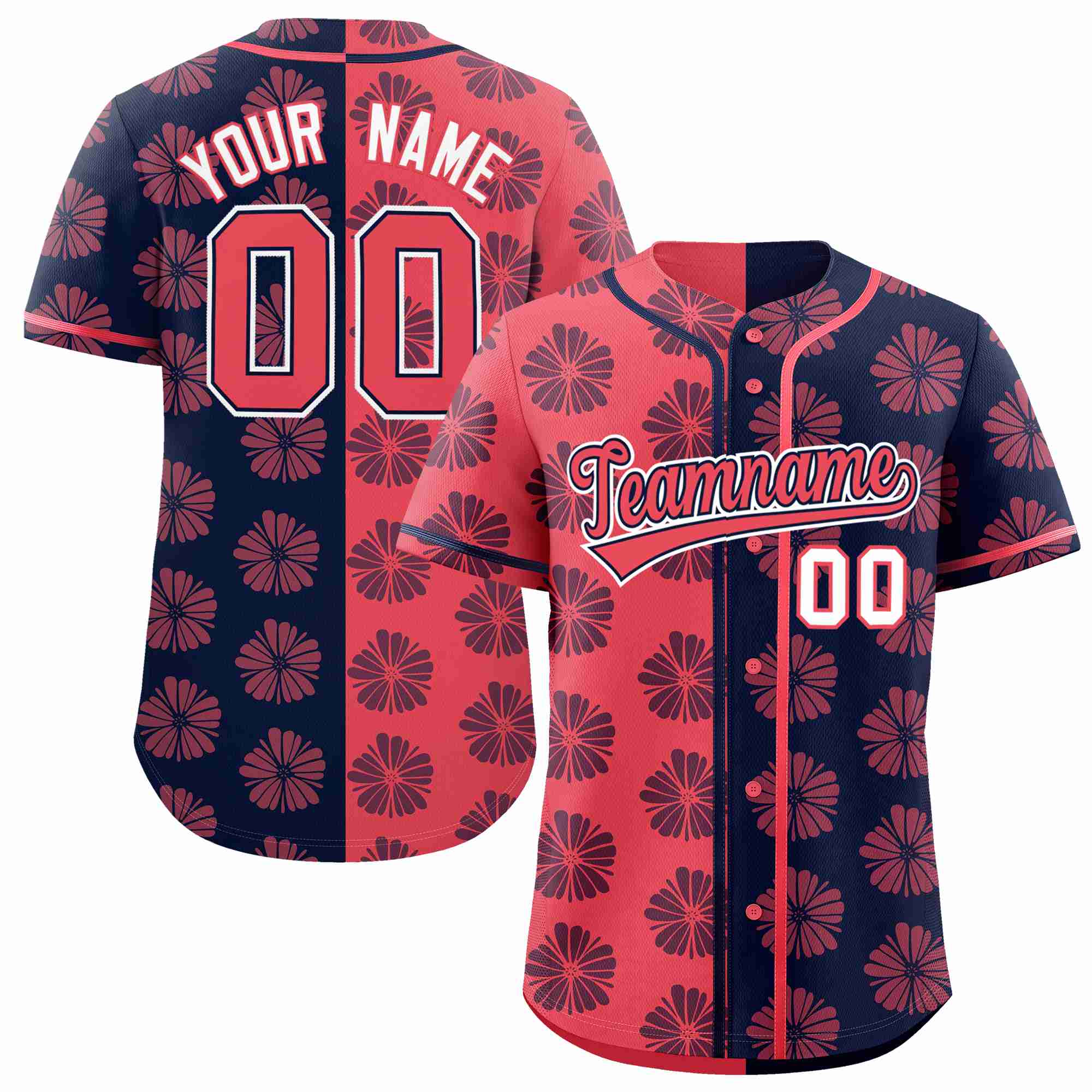 Custom Light Red Navy Split Fashion Flower Graffiti Pattern Authentic Baseball Jersey