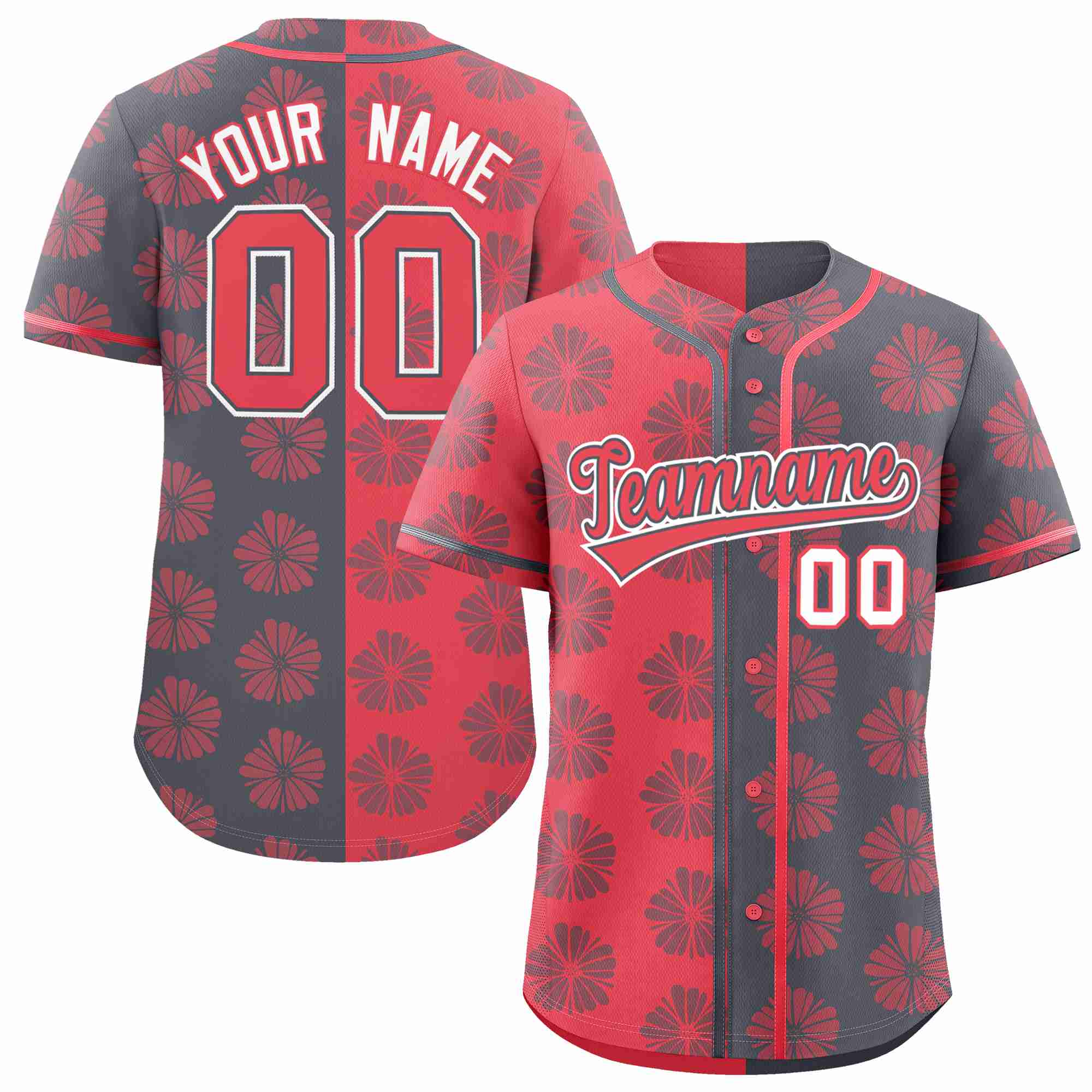 Custom Light Red Dark Gray Split Fashion Flower Graffiti Pattern Authentic Baseball Jersey