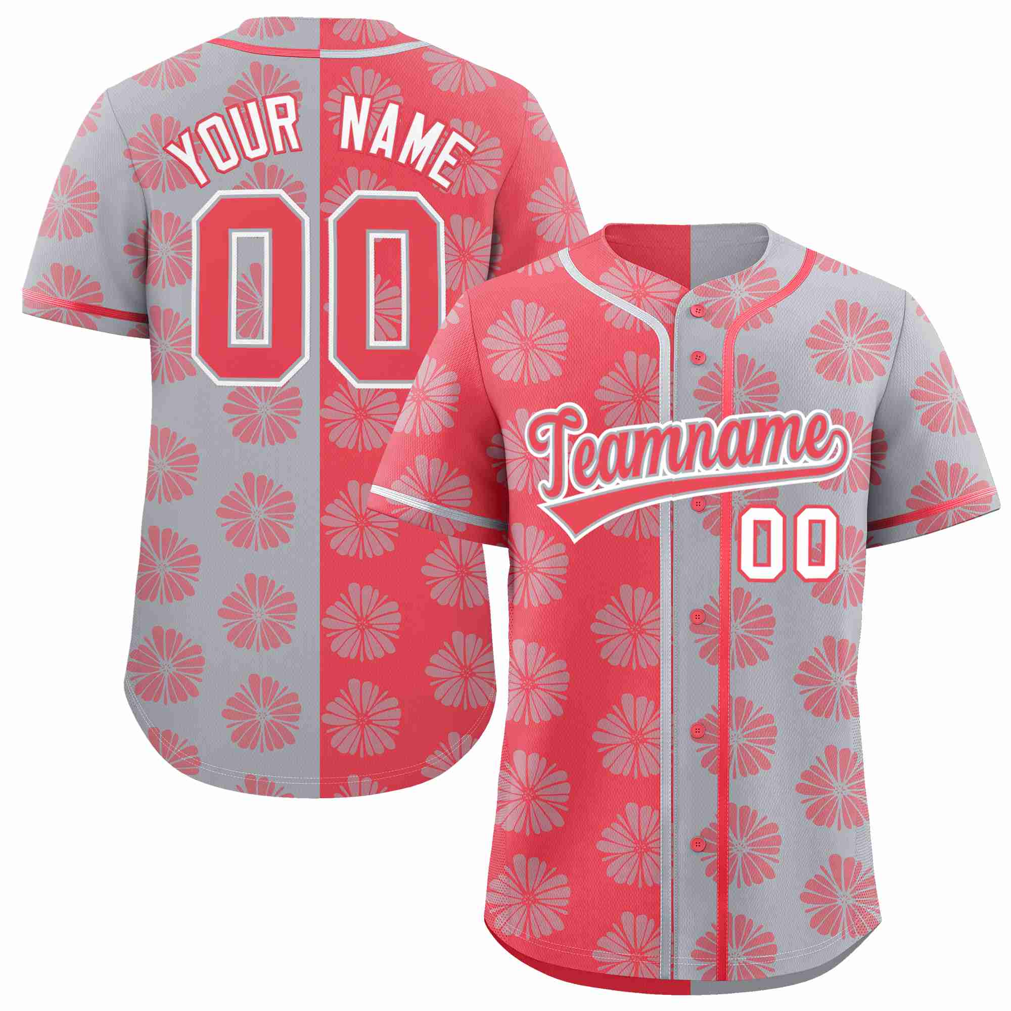 Custom Light Red Light Gray Split Fashion Flower Graffiti Pattern Authentic Baseball Jersey