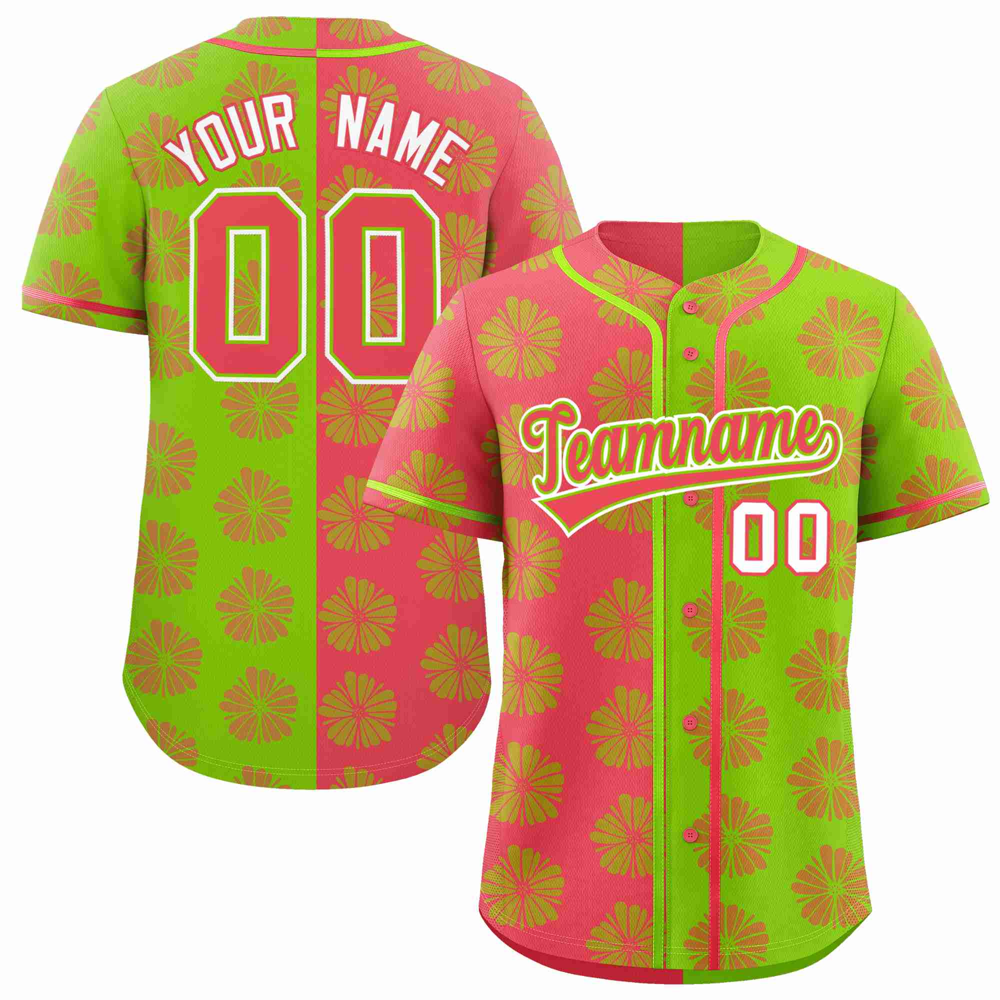 Custom Light Red Neon Green Split Fashion Flower Graffiti Pattern Authentic Baseball Jersey