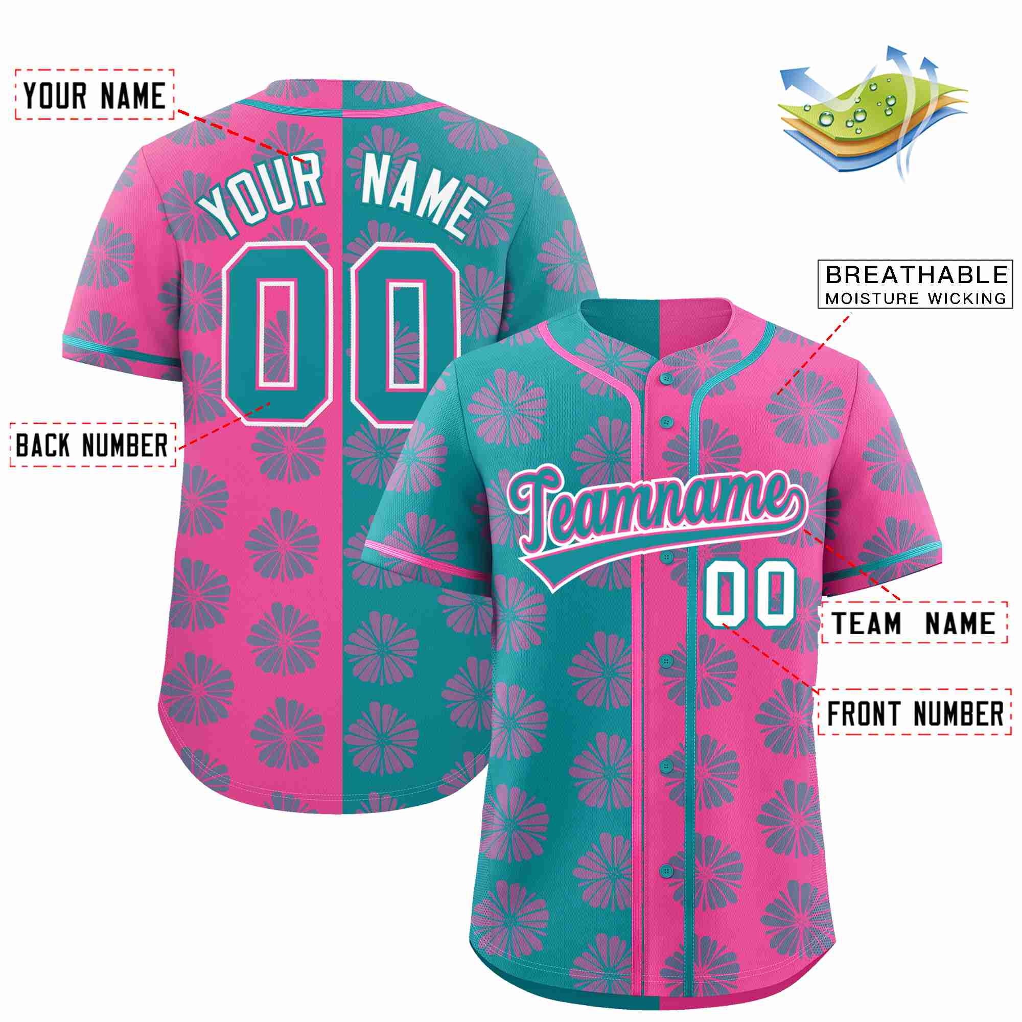 Custom Aqua Pink Split Fashion Flower Graffiti Pattern Authentic Baseball Jersey