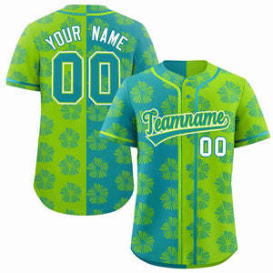 Custom Aqua Neon Green Split Fashion Flower Graffiti Pattern Authentic Baseball Jersey