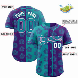 Custom Aqua Purple Split Fashion Flower Graffiti Pattern Authentic Baseball Jersey