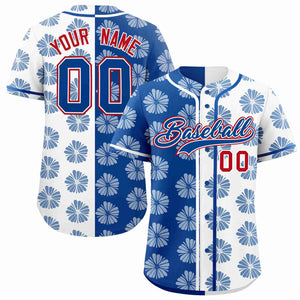 Custom Royal White Split Fashion Flower Graffiti Pattern Authentic Baseball Jersey