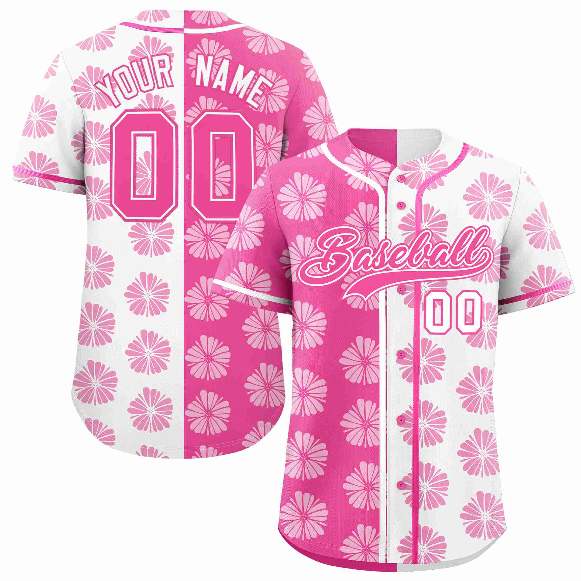 Custom Pink White Split Fashion Flower Graffiti Pattern Authentic Baseball Jersey