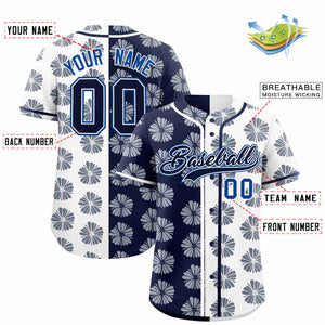 Custom Navy White Split Fashion Flower Graffiti Pattern Authentic Baseball Jersey