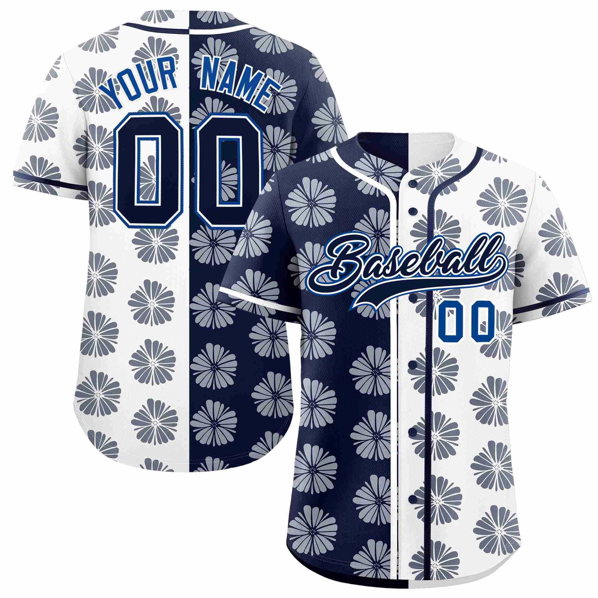 Custom Navy White Split Fashion Flower Graffiti Pattern Authentic Baseball Jersey