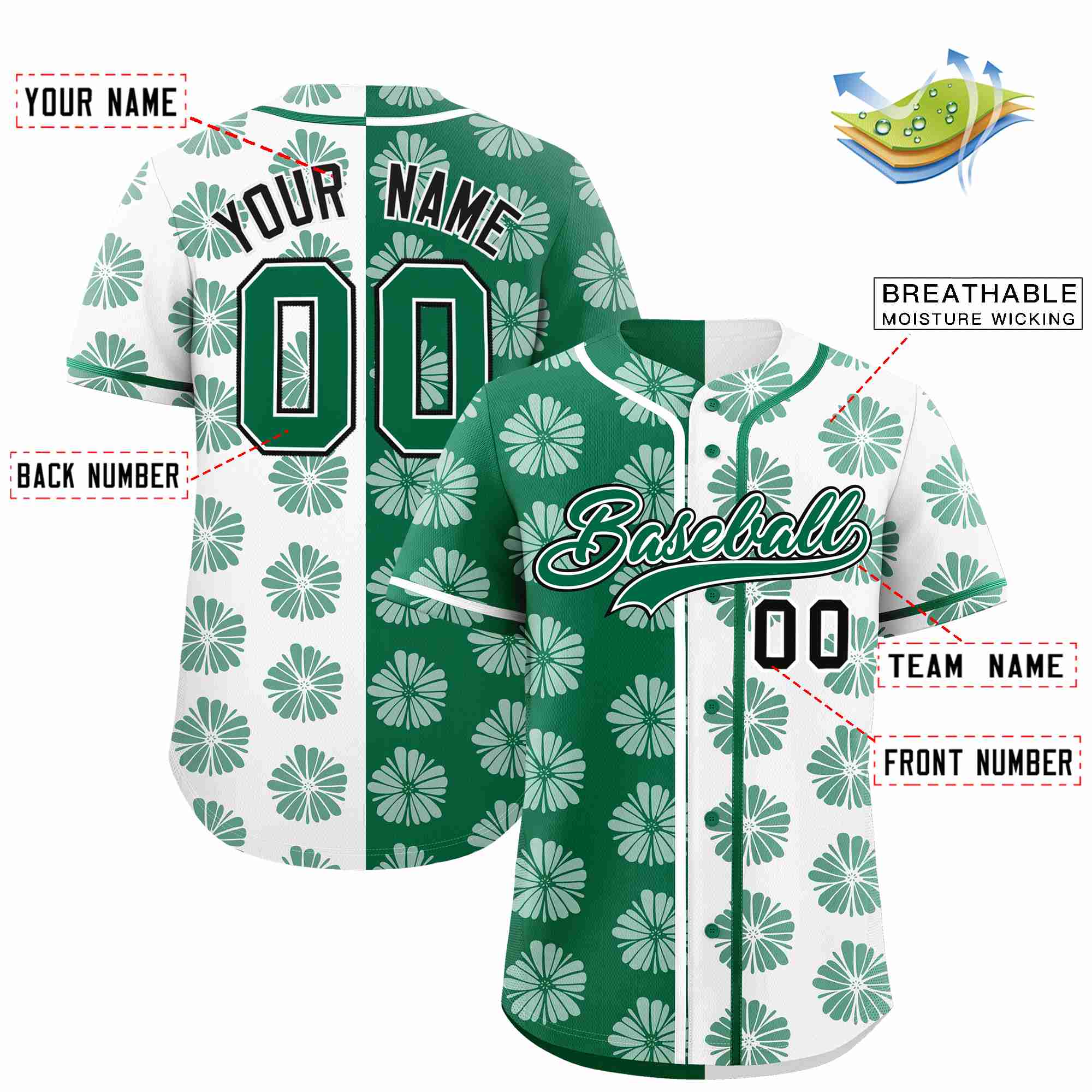 Custom Kelly Green White Split Fashion Flower Graffiti Pattern Authentic Baseball Jersey