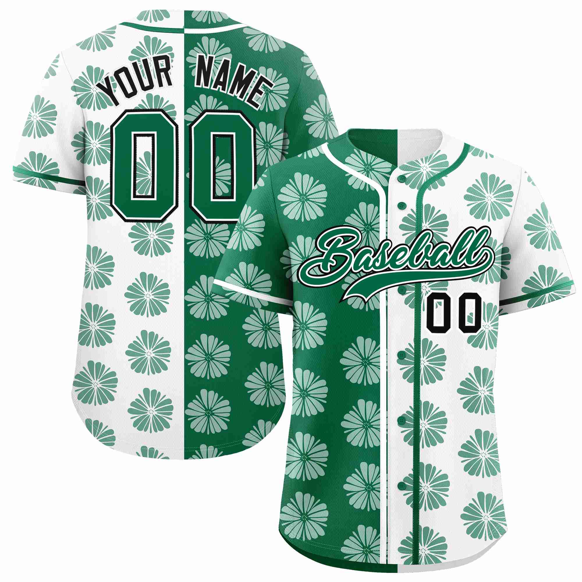 Custom Kelly Green White Split Fashion Flower Graffiti Pattern Authentic Baseball Jersey