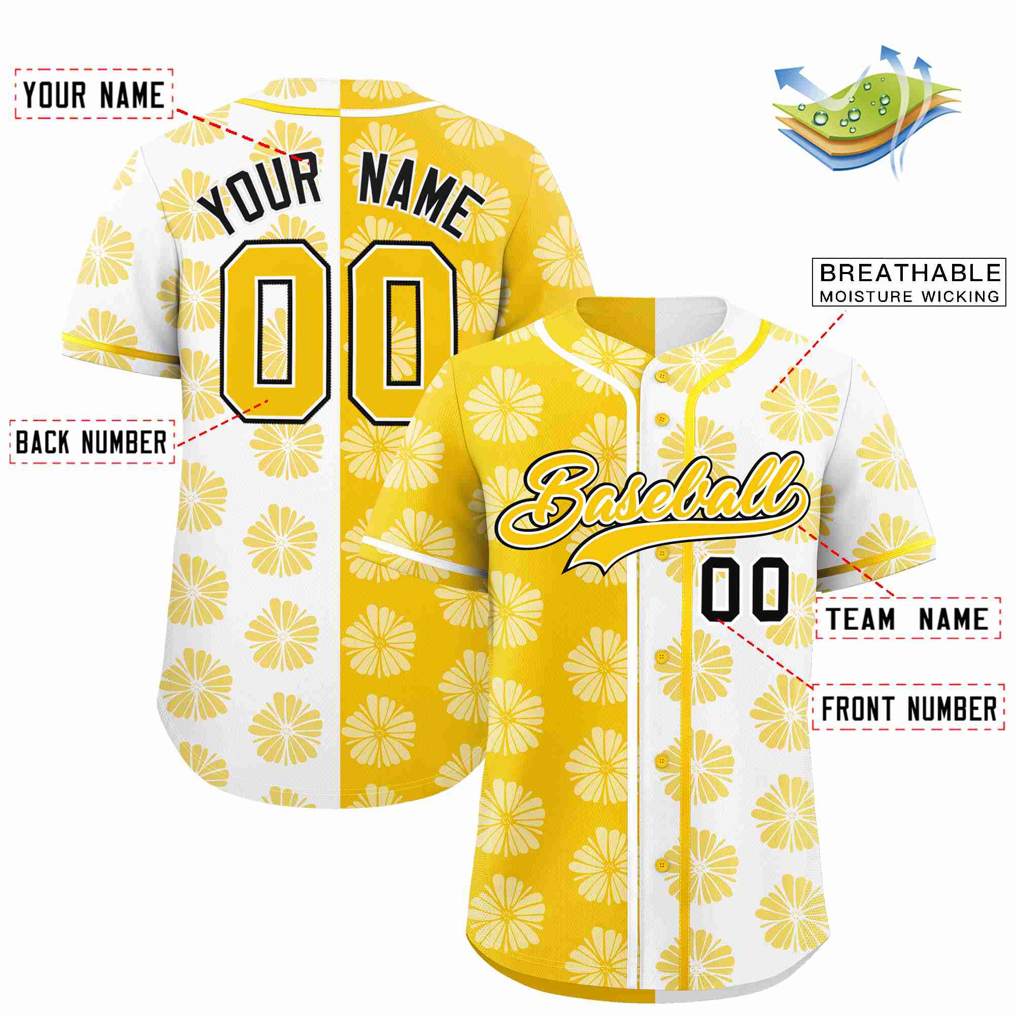 Custom Gold White Split Fashion Flower Graffiti Pattern Authentic Baseball Jersey