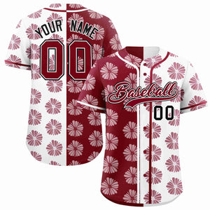 Custom Crimson White Split Fashion Flower Graffiti Pattern Authentic Baseball Jersey