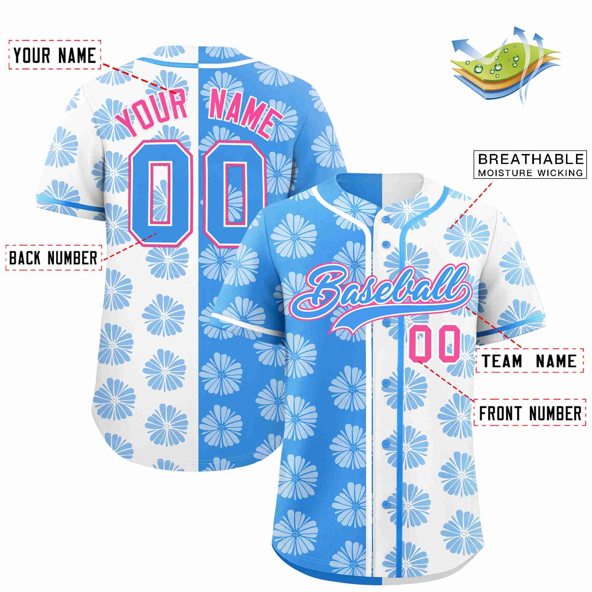 Custom Powder Blue White Split Fashion Flower Graffiti Pattern Authentic Baseball Jersey