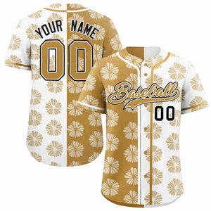 Custom Old Gold White Split Fashion Flower Graffiti Pattern Authentic Baseball Jersey