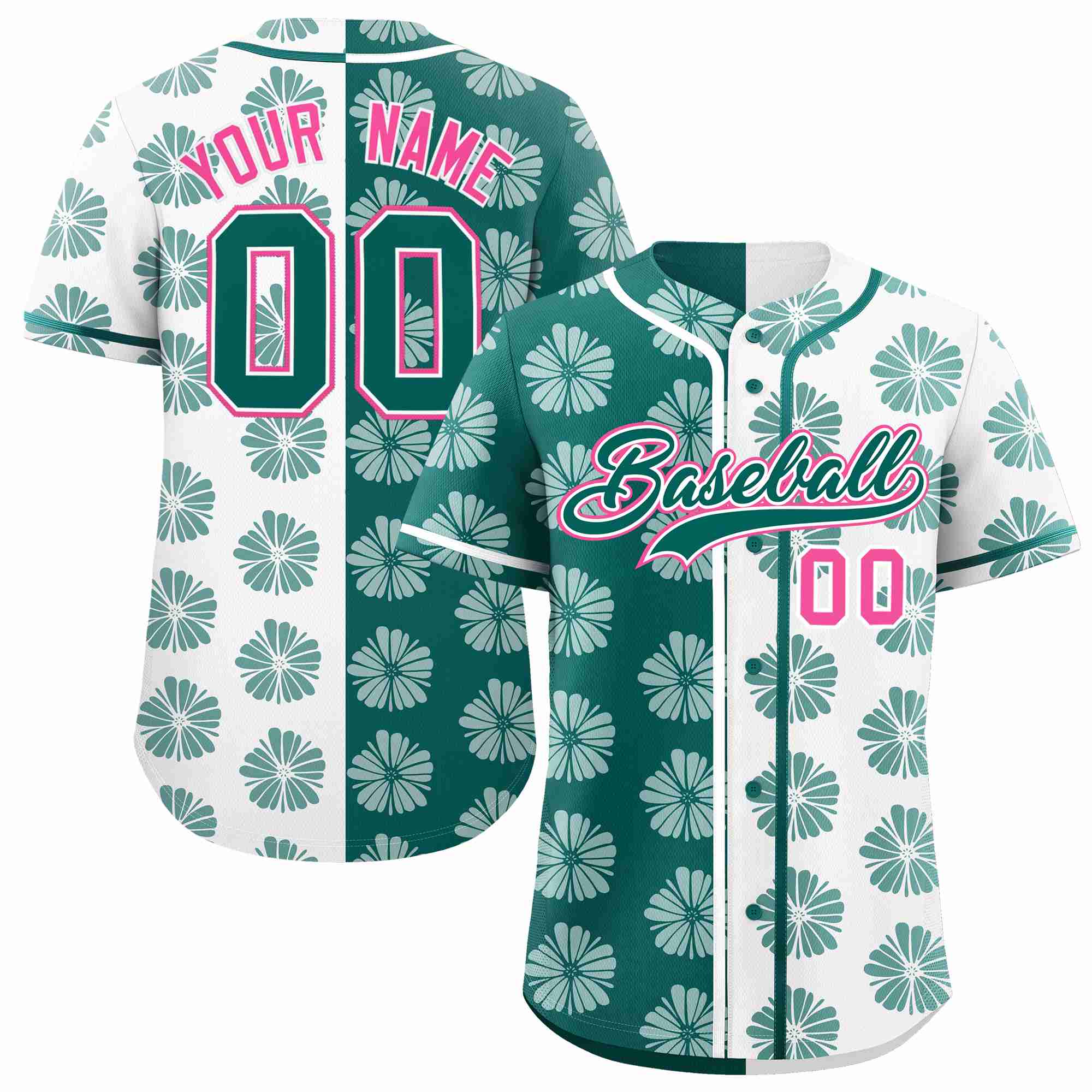 Custom Aqua White Split Fashion Flower Graffiti Pattern Authentic Baseball Jersey