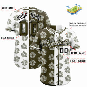 Custom Olive White Split Fashion Flower Graffiti Pattern Authentic Baseball Jersey