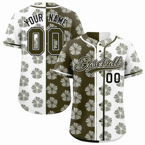 Custom Olive White Split Fashion Flower Graffiti Pattern Authentic Baseball Jersey