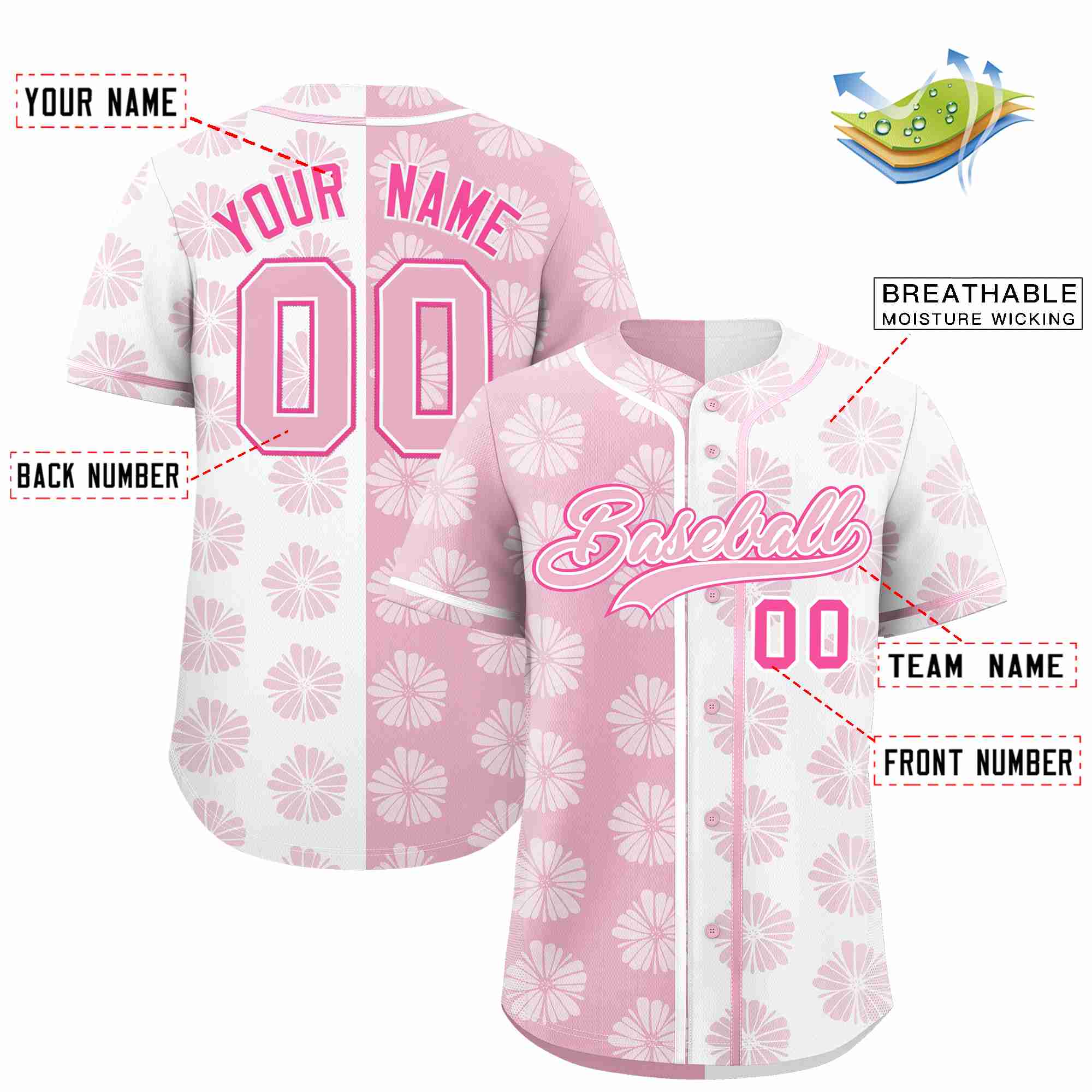 Custom Light Pink White Split Fashion Flower Graffiti Pattern Authentic Baseball Jersey