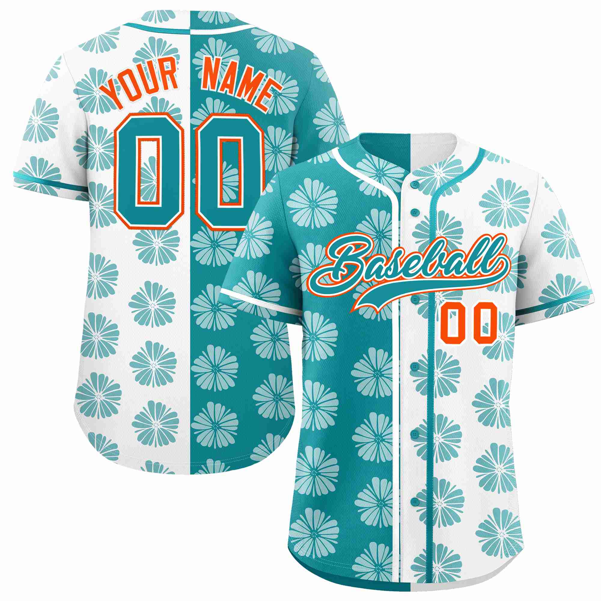 Custom Aqua White Split Fashion Flower Graffiti Pattern Authentic Baseball Jersey