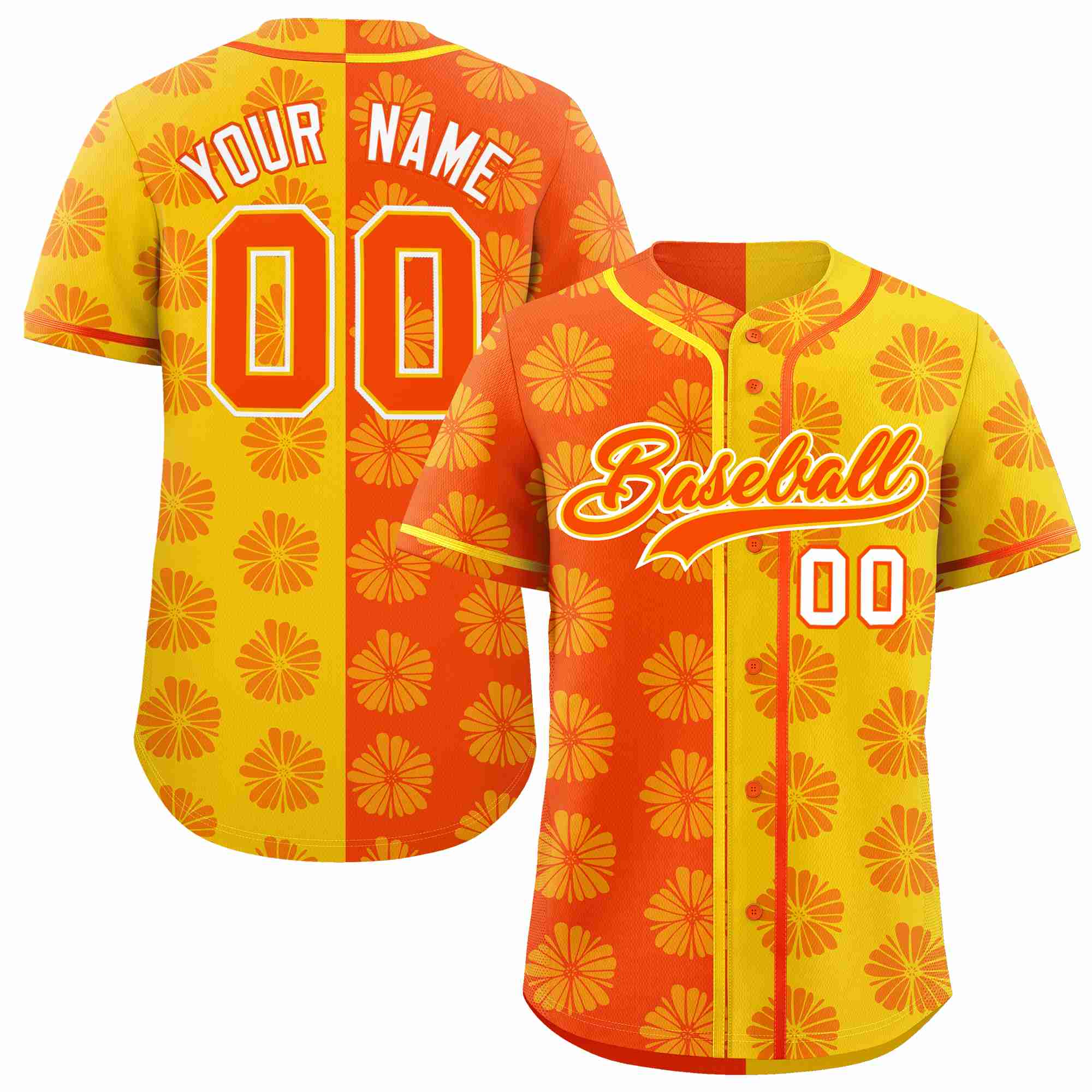 Custom Orange Gold Split Fashion Flower Graffiti Pattern Authentic Baseball Jersey