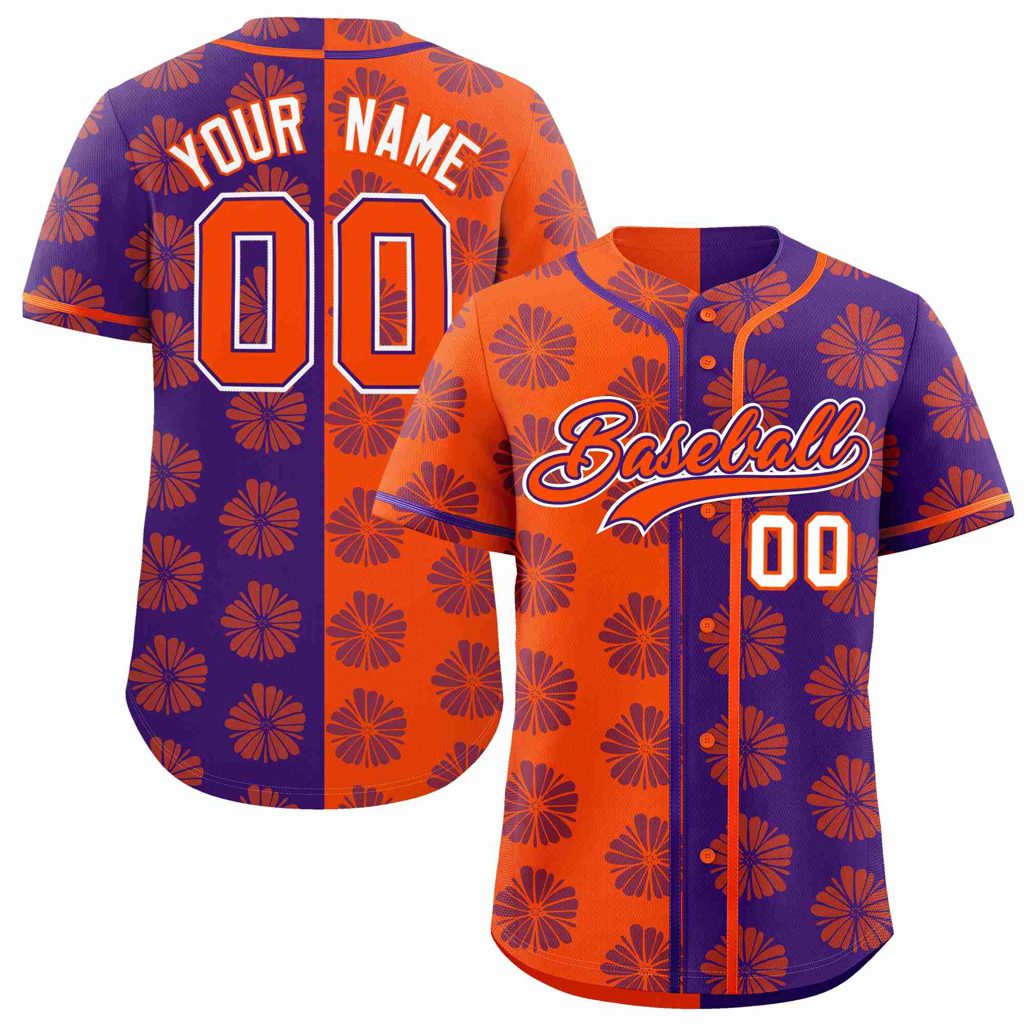 Custom Orange Purple Split Fashion Flower Graffiti Pattern Authentic Baseball Jersey