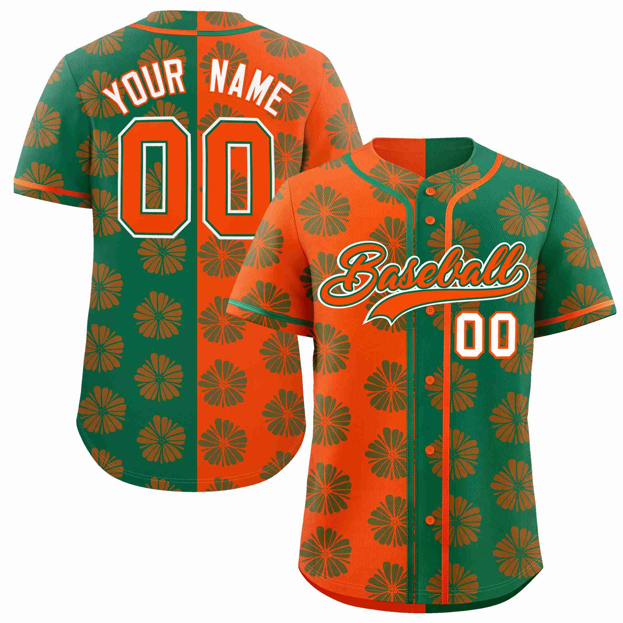 Custom Orange Kelly Green Split Fashion Flower Graffiti Pattern Authentic Baseball Jersey