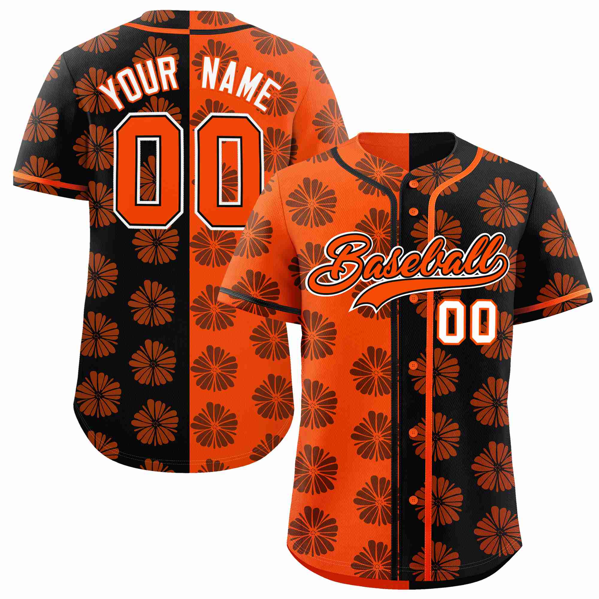 Custom Orange Black Split Fashion Flower Graffiti Pattern Authentic Baseball Jersey