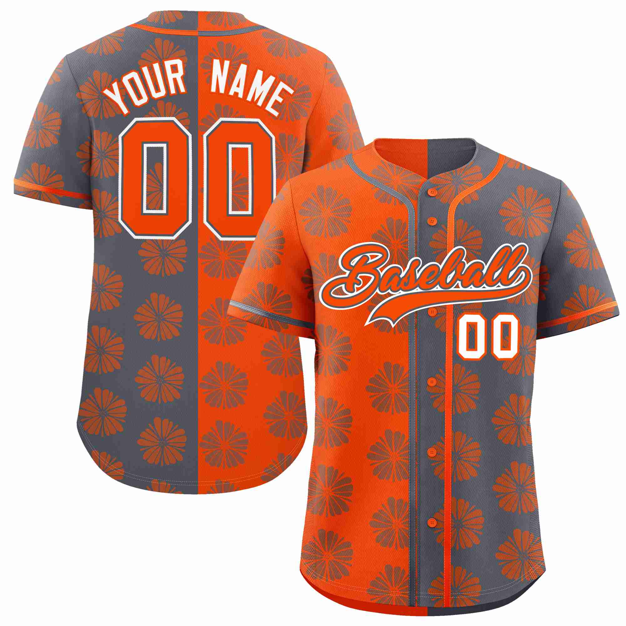 Custom Orange Dark Gray Split Fashion Flower Graffiti Pattern Authentic Baseball Jersey