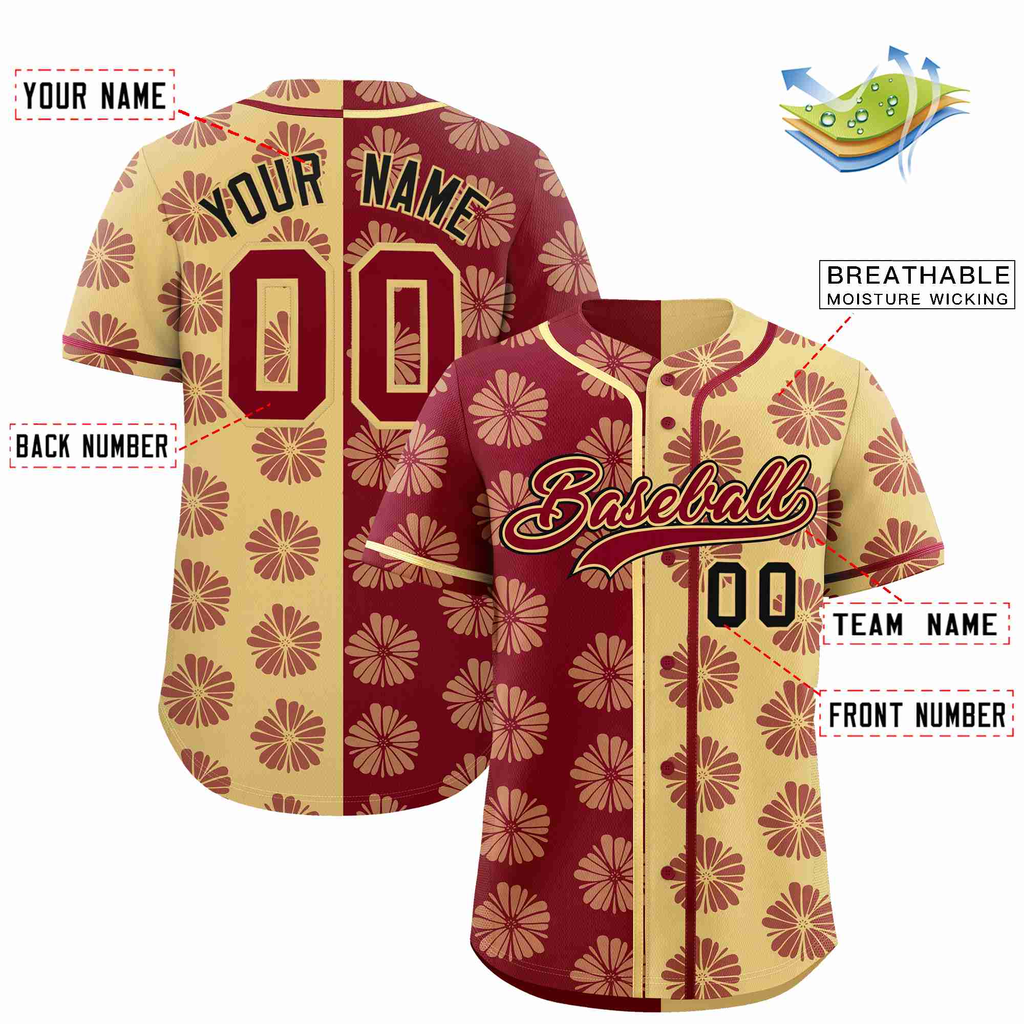 Custom Crimson Khaki Split Fashion Flower Graffiti Pattern Authentic Baseball Jersey