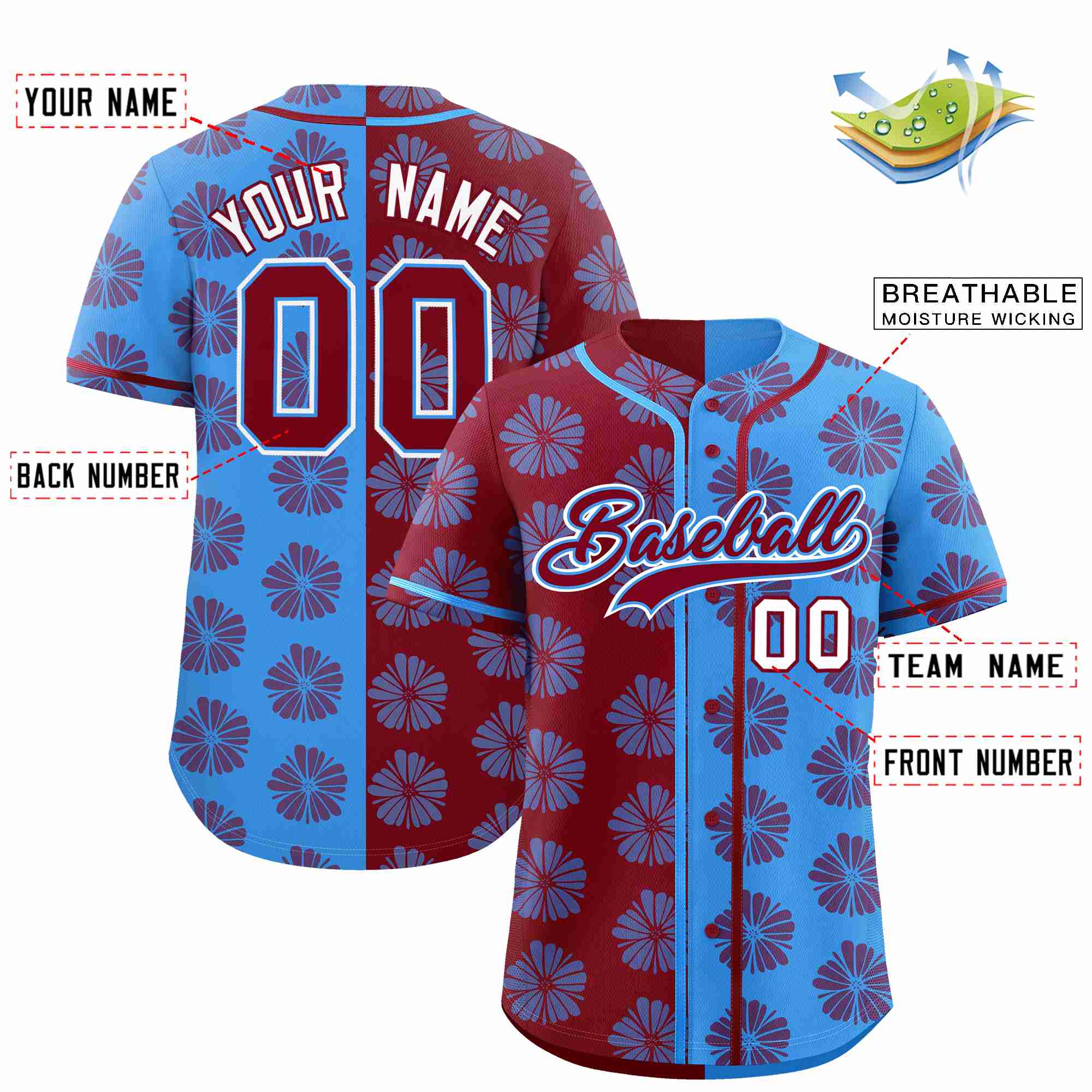 Custom Crimson Powder Blue Split Fashion Flower Graffiti Pattern Authentic Baseball Jersey