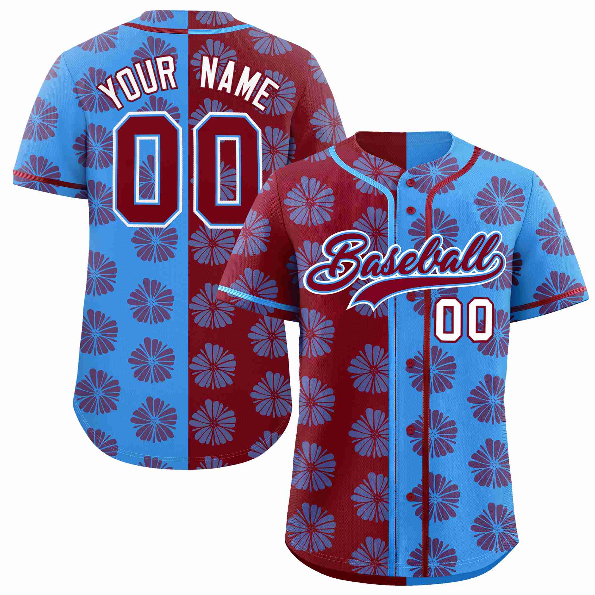 Custom Crimson Powder Blue Split Fashion Flower Graffiti Pattern Authentic Baseball Jersey