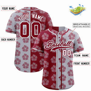 Custom Crimson Light Gray Split Fashion Flower Graffiti Pattern Authentic Baseball Jersey