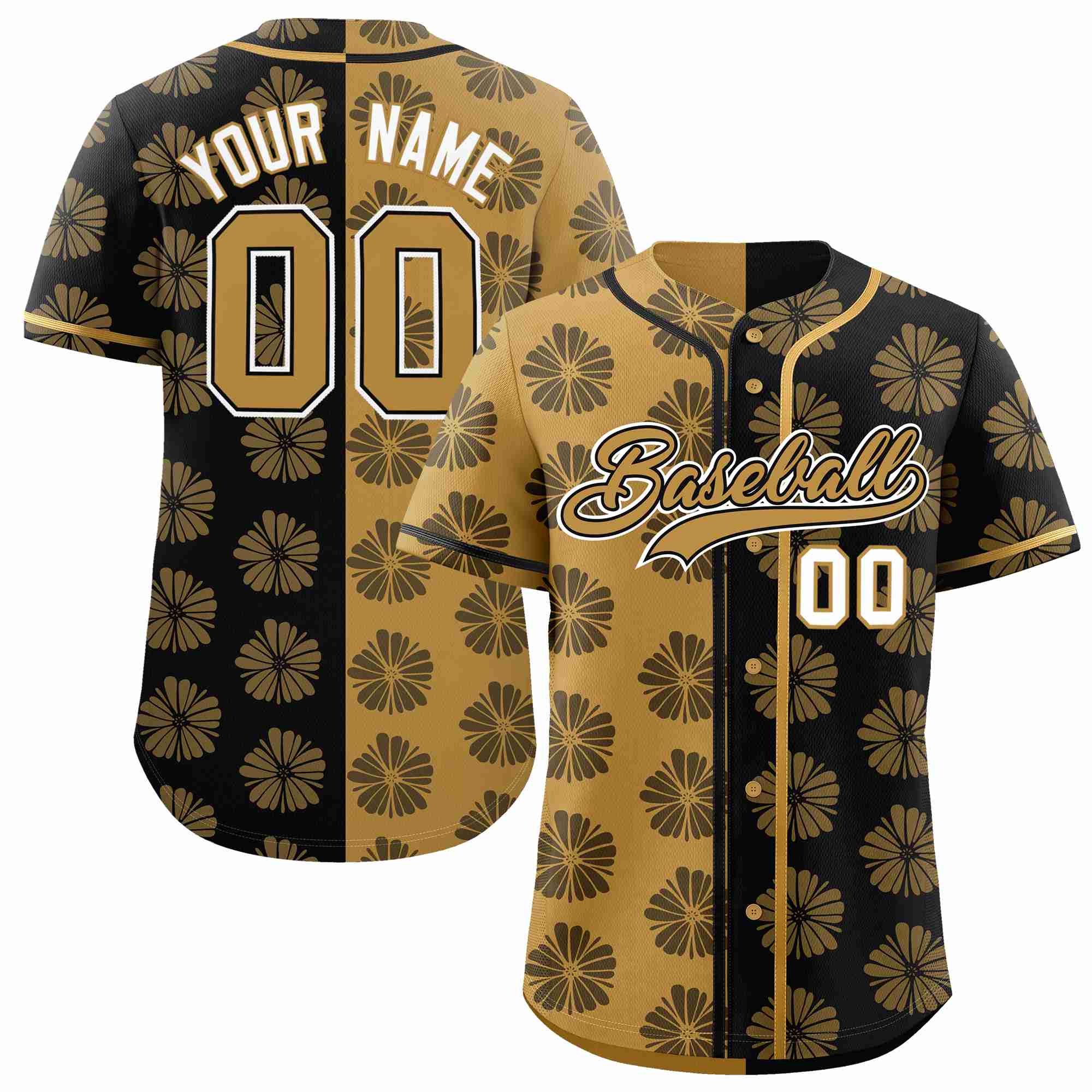 Custom Old Gold Black Split Fashion Flower Graffiti Pattern Authentic Baseball Jersey