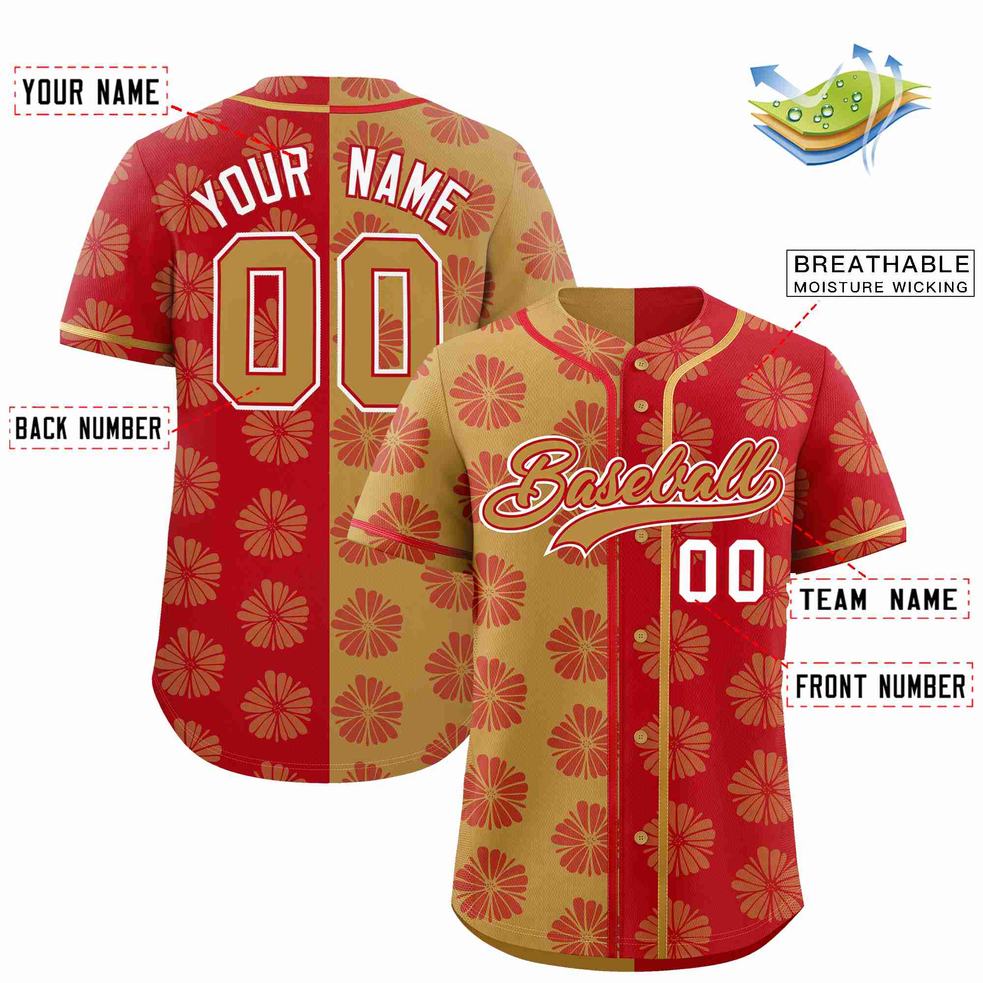 Custom Old Gold Red Split Fashion Flower Graffiti Pattern Authentic Baseball Jersey