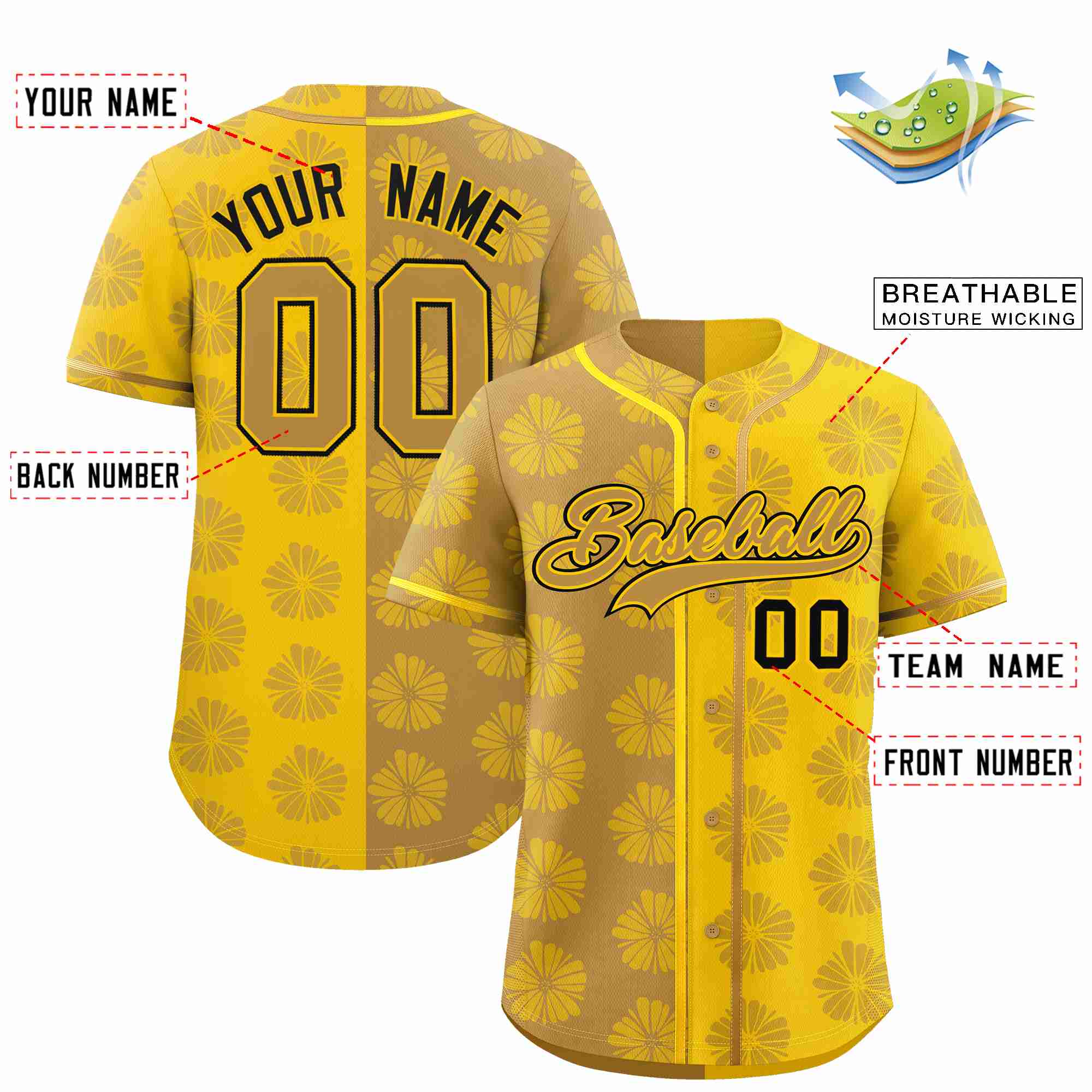 Custom Old Gold Gold Split Fashion Flower Graffiti Pattern Authentic Baseball Jersey