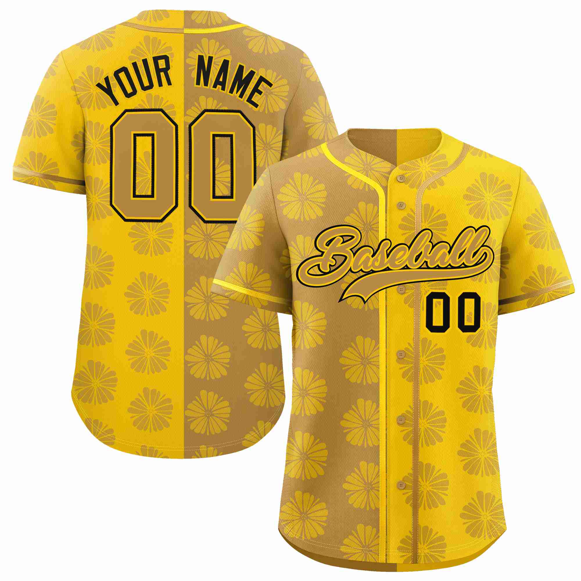 Custom Old Gold Gold Split Fashion Flower Graffiti Pattern Authentic Baseball Jersey