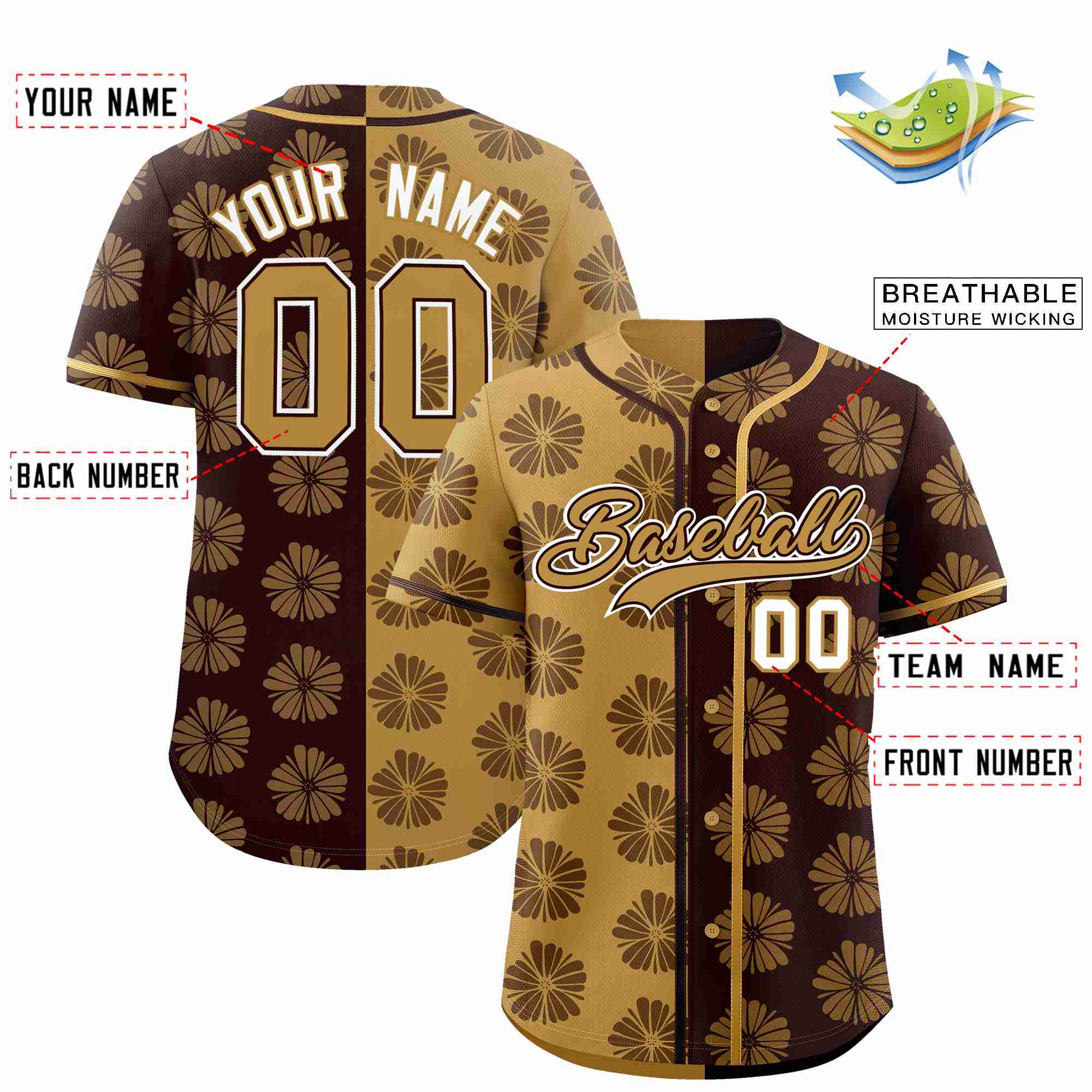 Custom Old Gold Brown Split Fashion Flower Graffiti Pattern Authentic Baseball Jersey