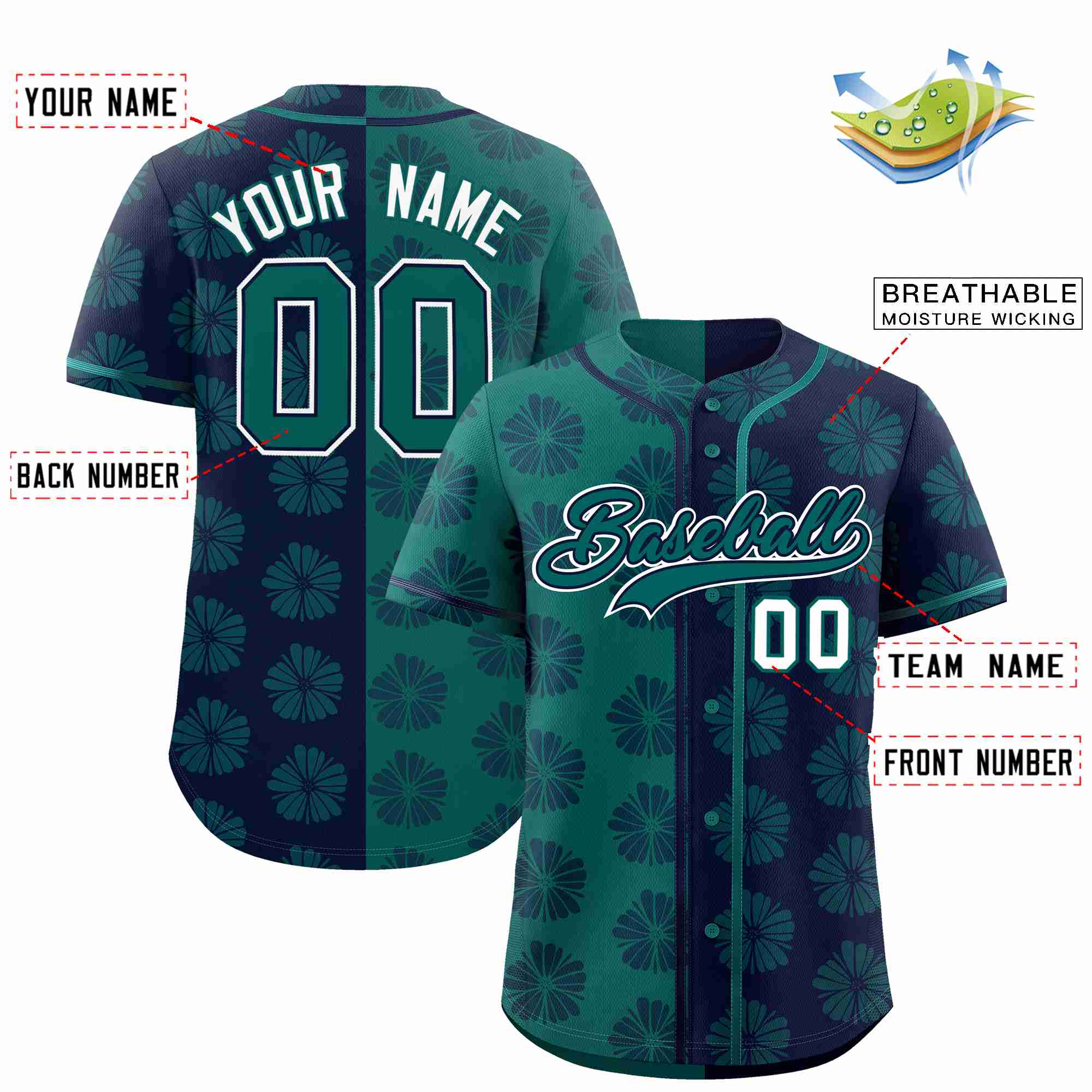 Custom Aqua Navy Split Fashion Flower Graffiti Pattern Authentic Baseball Jersey