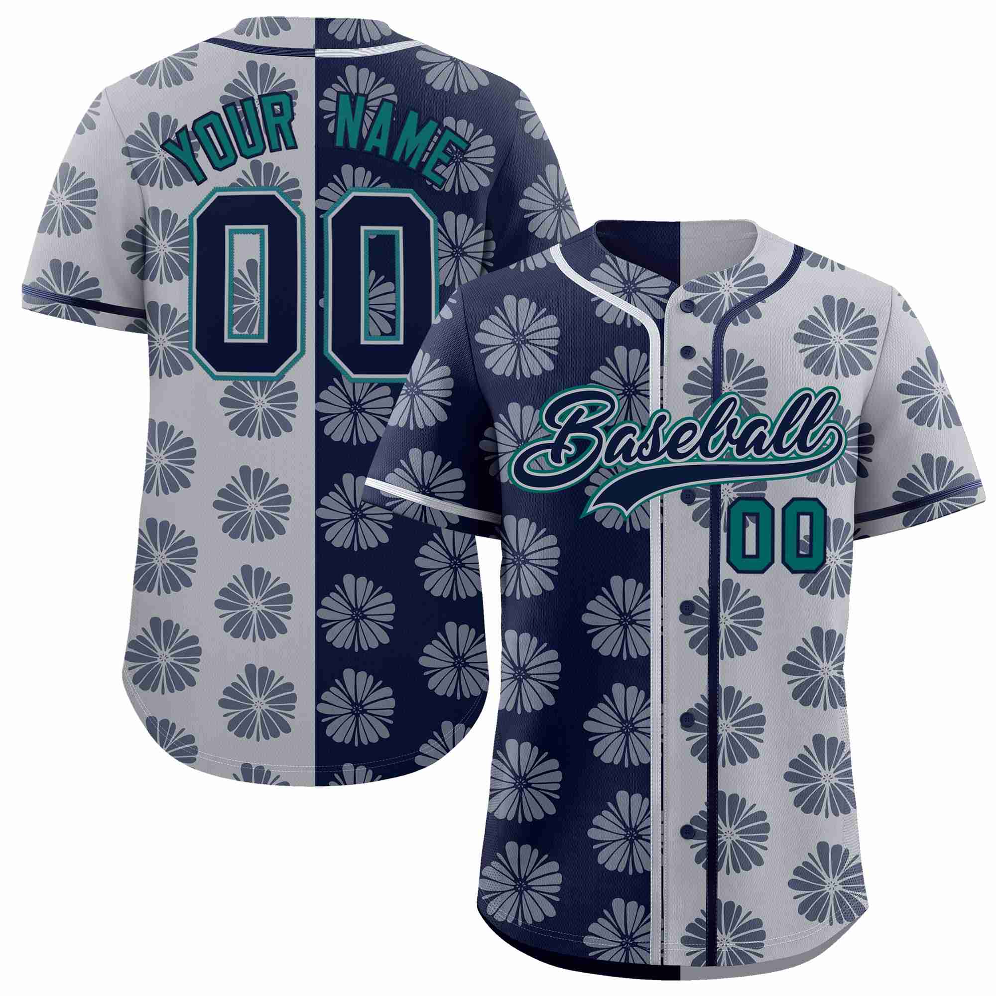 Custom Navy Light Gray Split Fashion Flower Graffiti Pattern Authentic Baseball Jersey