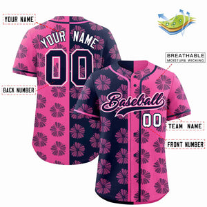 Custom Navy Pink Split Fashion Flower Graffiti Pattern Authentic Baseball Jersey