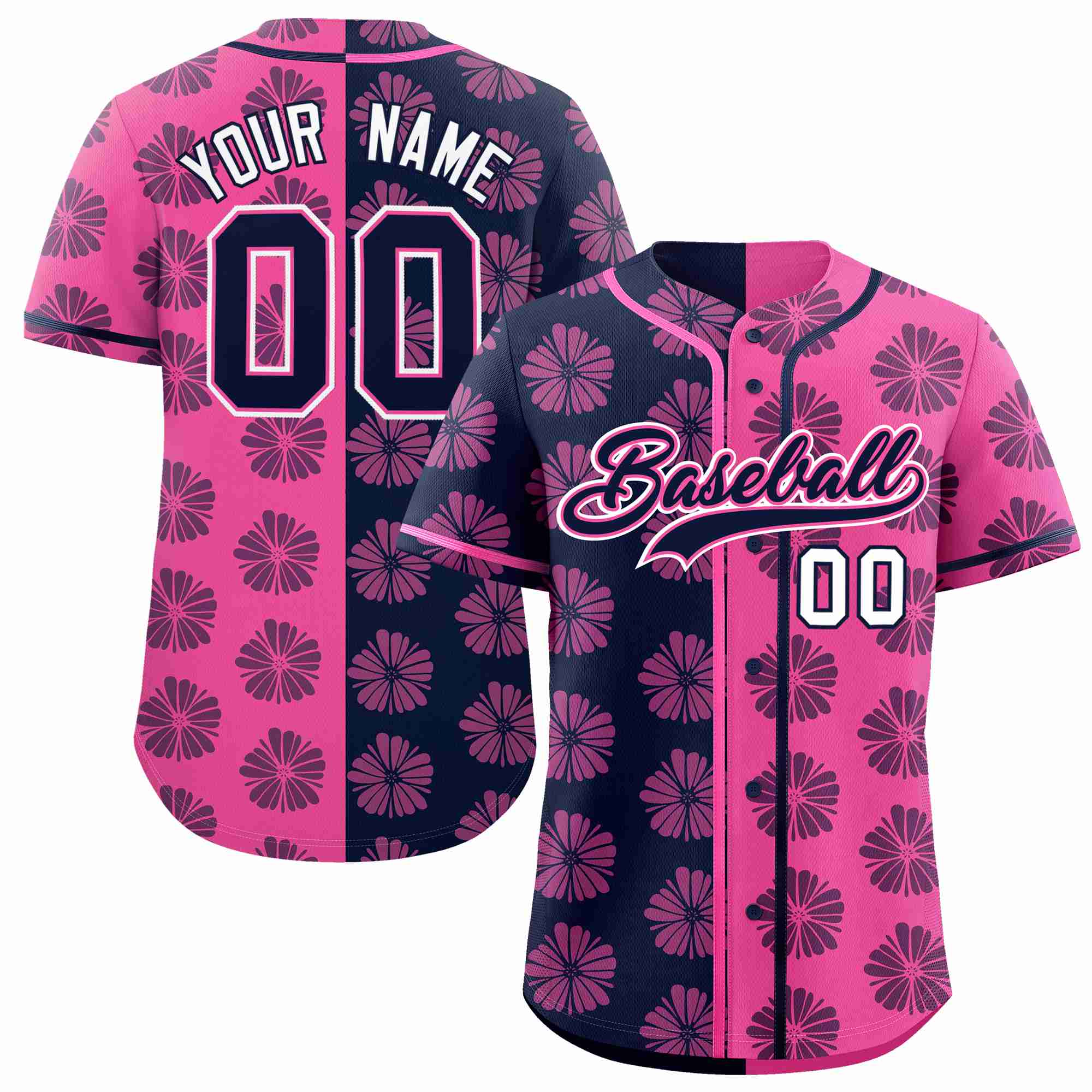 Custom Navy Pink Split Fashion Flower Graffiti Pattern Authentic Baseball Jersey