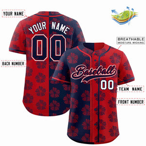 Custom Navy Red Split Fashion Flower Graffiti Pattern Authentic Baseball Jersey