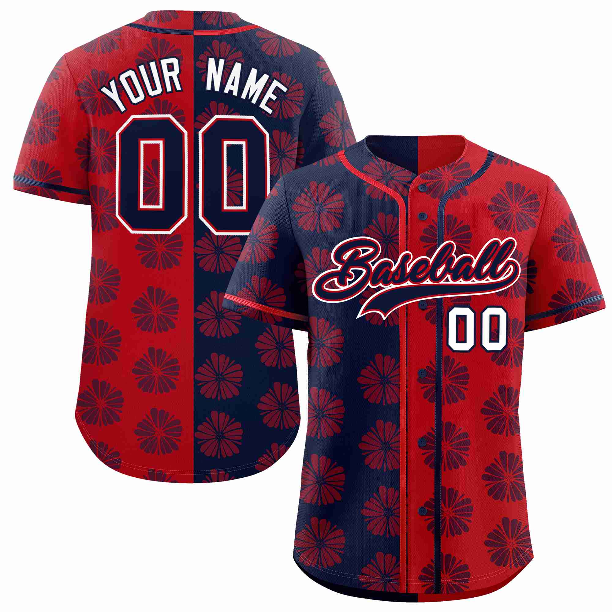 Custom Navy Red Split Fashion Flower Graffiti Pattern Authentic Baseball Jersey