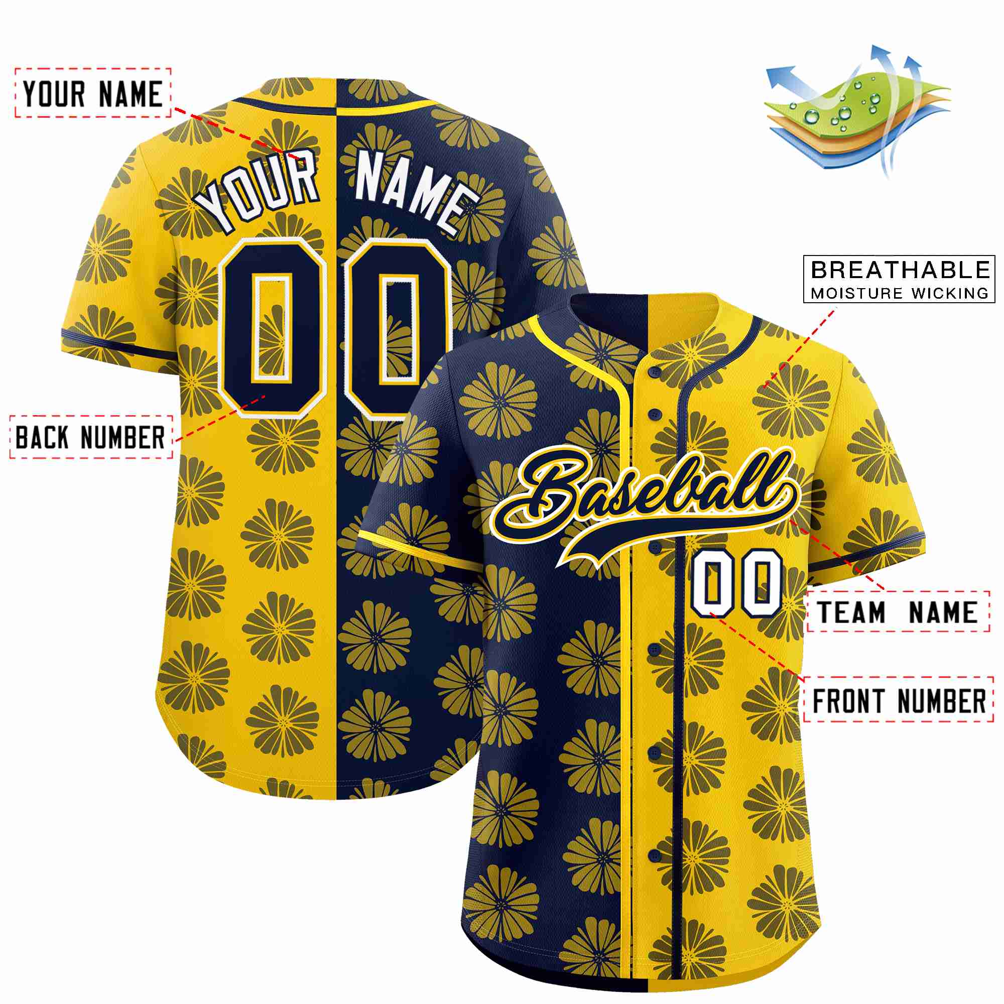 Custom Navy Gold Split Fashion Flower Graffiti Pattern Authentic Baseball Jersey