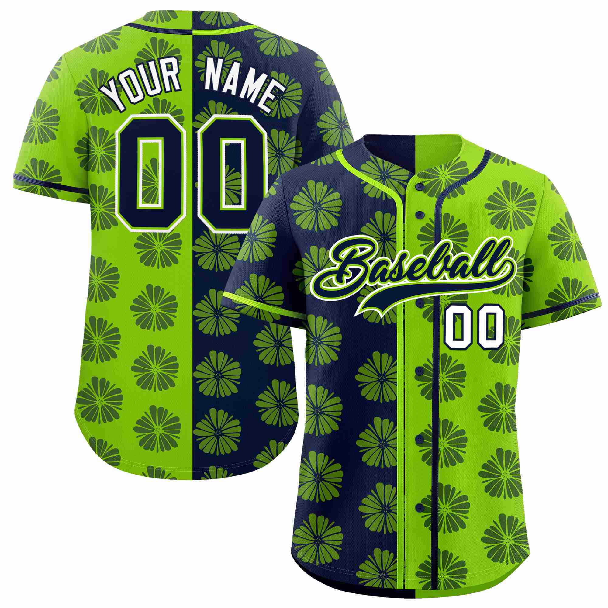 Custom Navy Neon Green Split Fashion Flower Graffiti Pattern Authentic Baseball Jersey