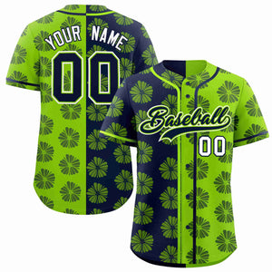 Custom Navy Neon Green Split Fashion Flower Graffiti Pattern Authentic Baseball Jersey