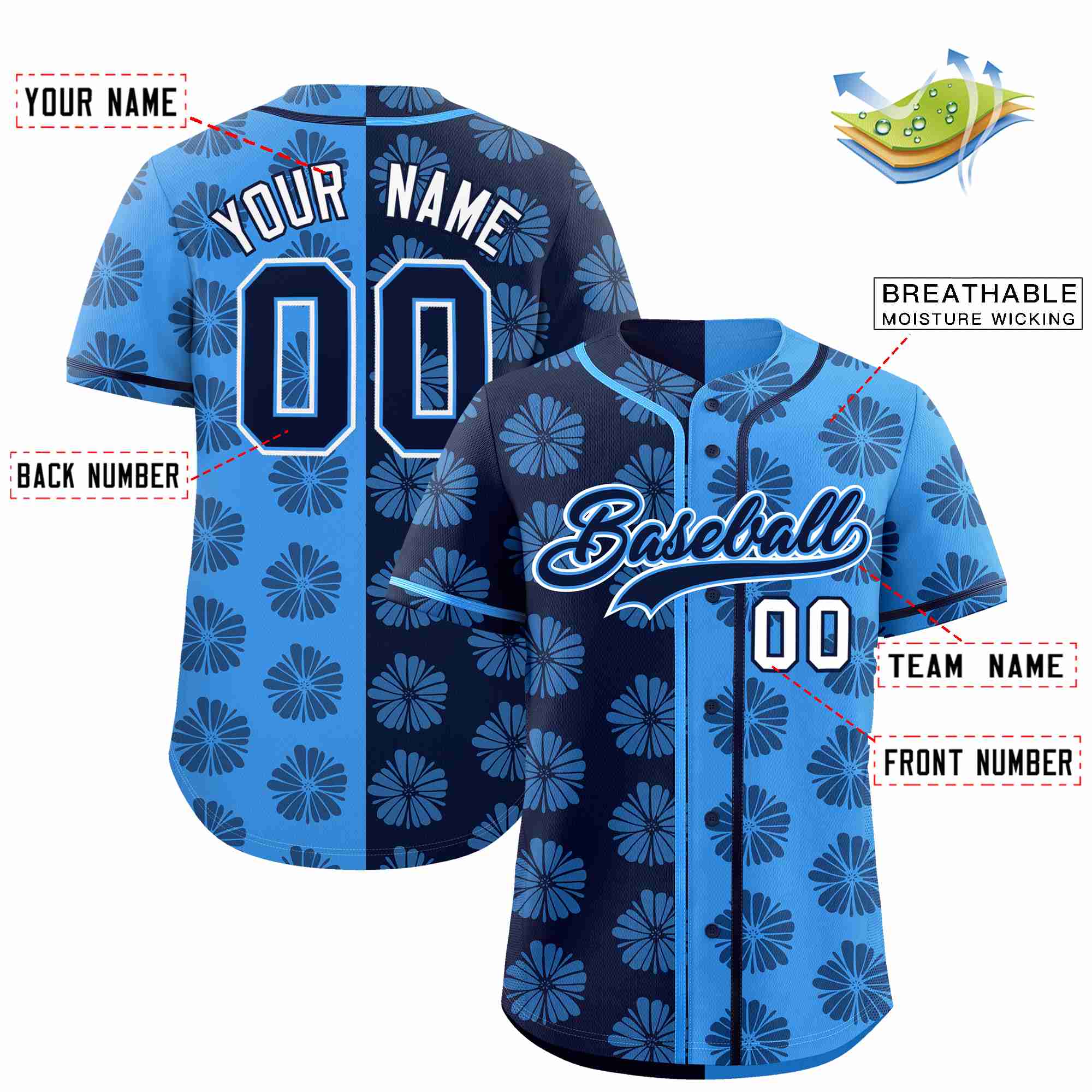 Custom Navy Powder Blue Split Fashion Flower Graffiti Pattern Authentic Baseball Jersey